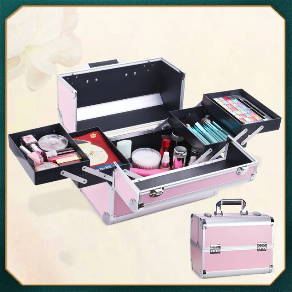 Makeup Train Case Multipurpose Portable Cosmetic Organizer Storage Box with Lock - Pink - 1