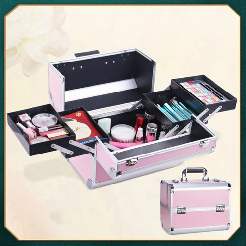 Makeup Train Case Multipurpose Portable Cosmetic Organizer Storage Box with Lock - Pink - 1