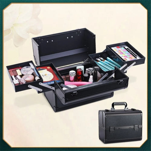 Cosmetic Organizer Storage Box Portable Large Capacity Multi-layer Makeup Train Case with Lock - Black - 1