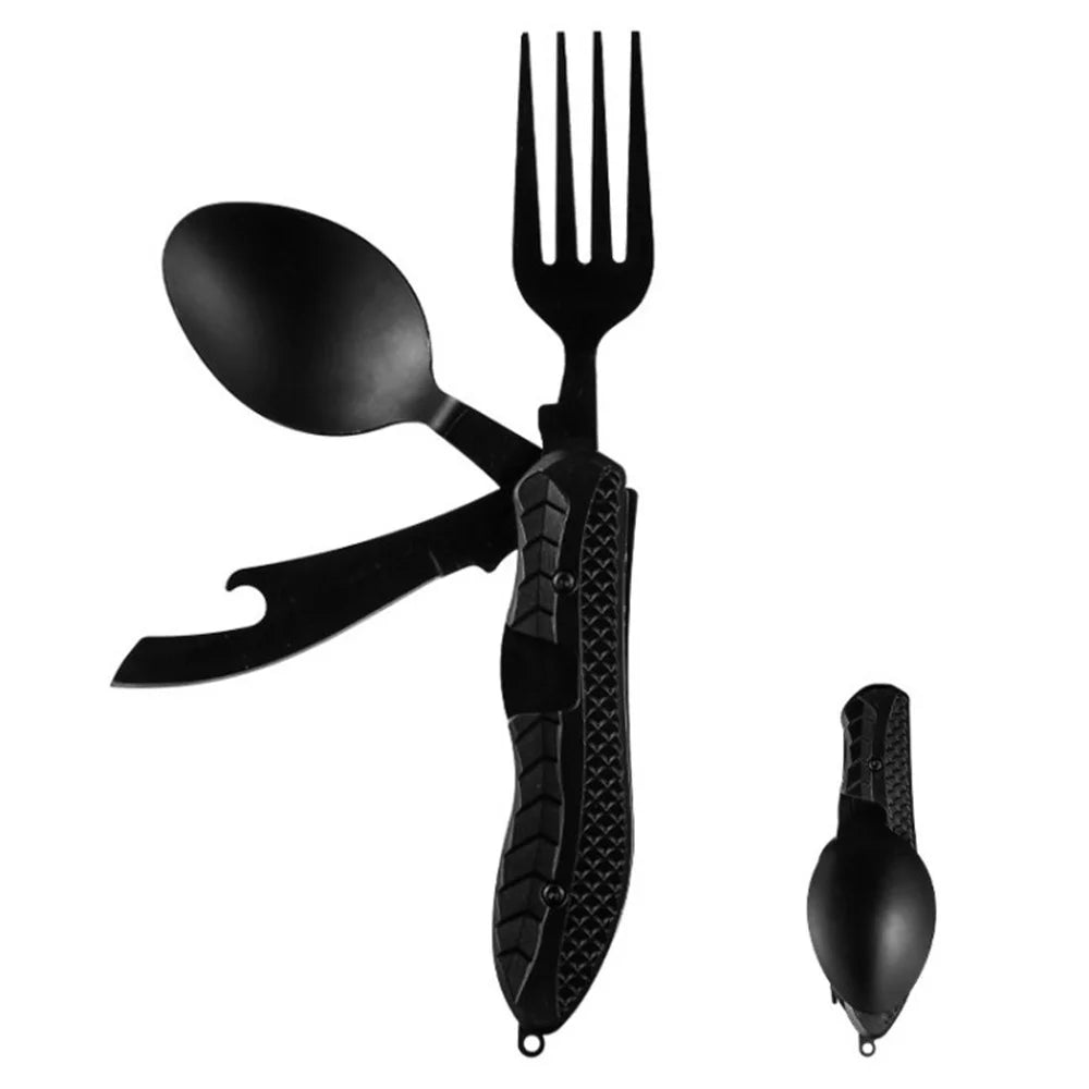 4-in-1 Camping Utensil Portable Foldable Spoon Fork Knife Bottle Opener Outdoor Combo Set - Black - 1