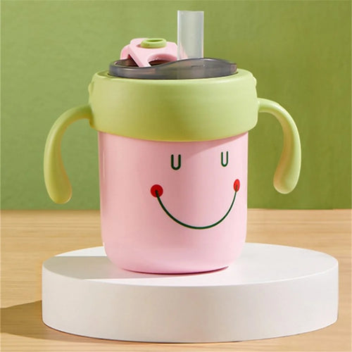 300ml Toddler Stainless Steel Sippy Cup with Scale, Handles Anti-Drop Portable Baby Cup (No FDA, BPA-Free) - Pink - 1