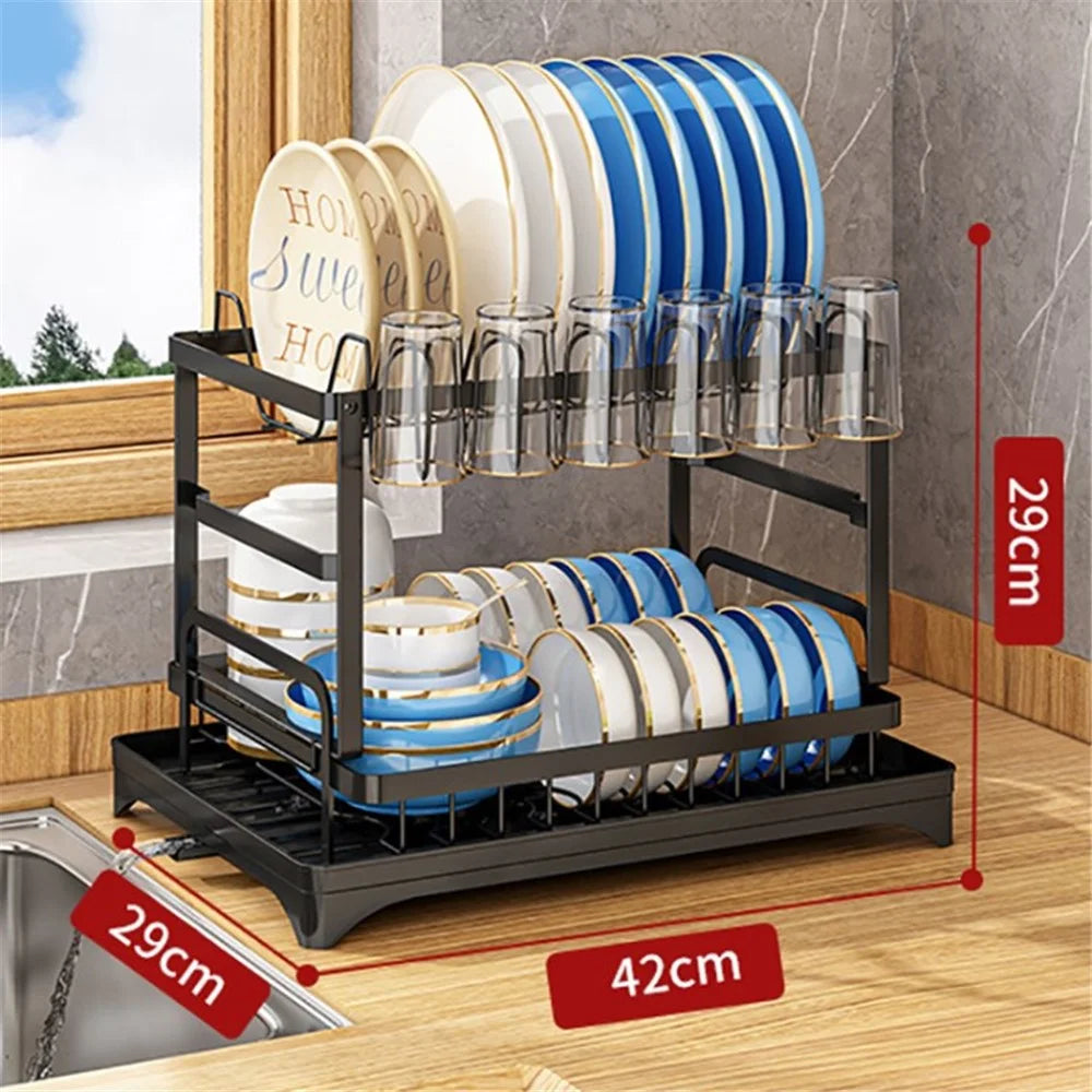 2-Layer Dish Drying Rack Large Capacity Dish Drainer Organizer Cup Holder and Utensil Holder with Drainboard Tray - Black / Style A - 1