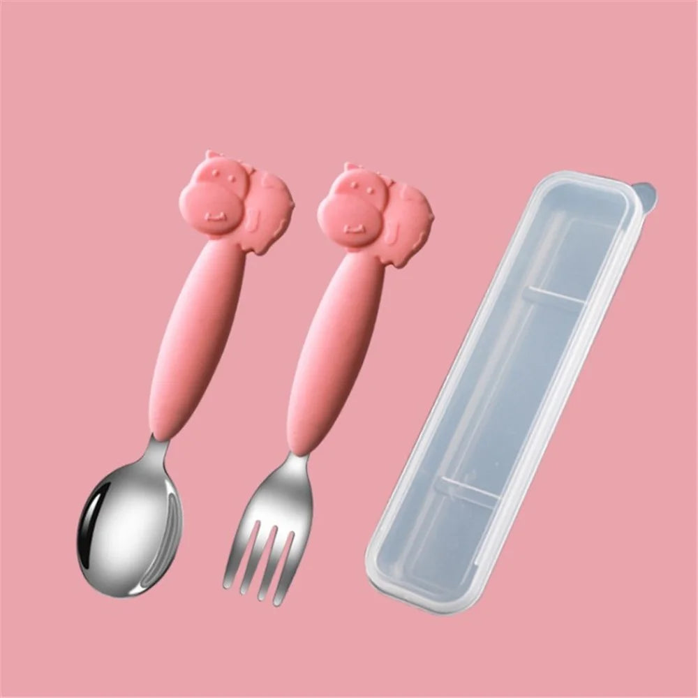 304 Stainless Steel + Silicone Toddler Self Feeding Fork and Spoon Set with Case (BPA Free, No FDA Certificate) - Pink / Cattle - 1