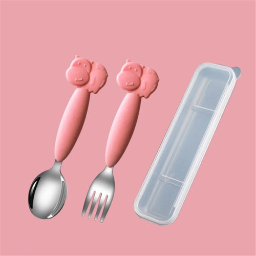 304 Stainless Steel + Silicone Toddler Self Feeding Fork and Spoon Set with Case (BPA Free, No FDA Certificate) - Pink / Cattle - 1