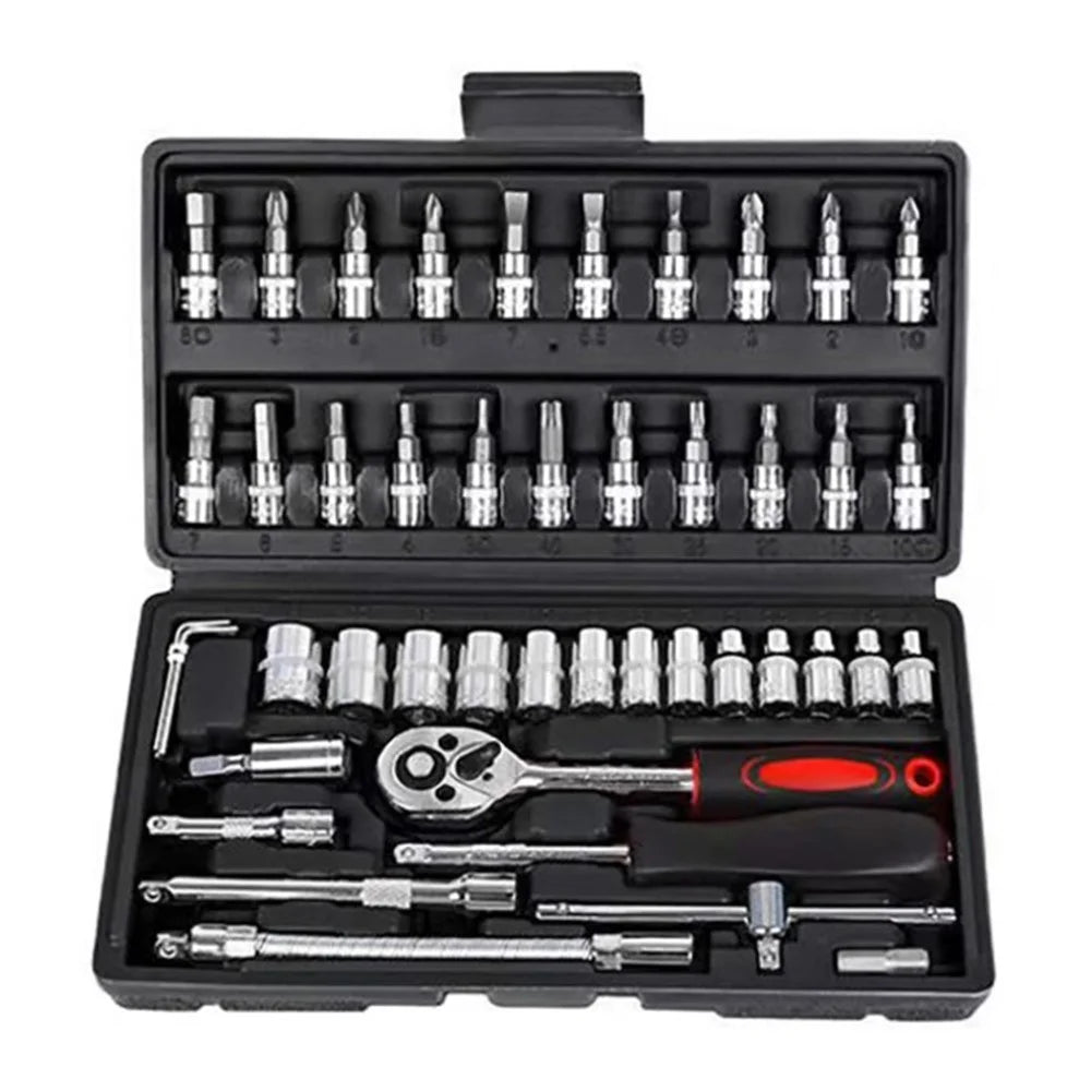 46Pcs Drive Socket Ratchet Wrench Set for Household Auto Repairing Tool - Black - 1