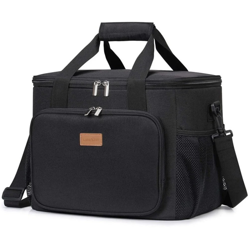 Portable Insulated Lunch Bag Oxford Coth Printing Large Cooler Tote Bag for Camping Picnic Travel - Black - 1