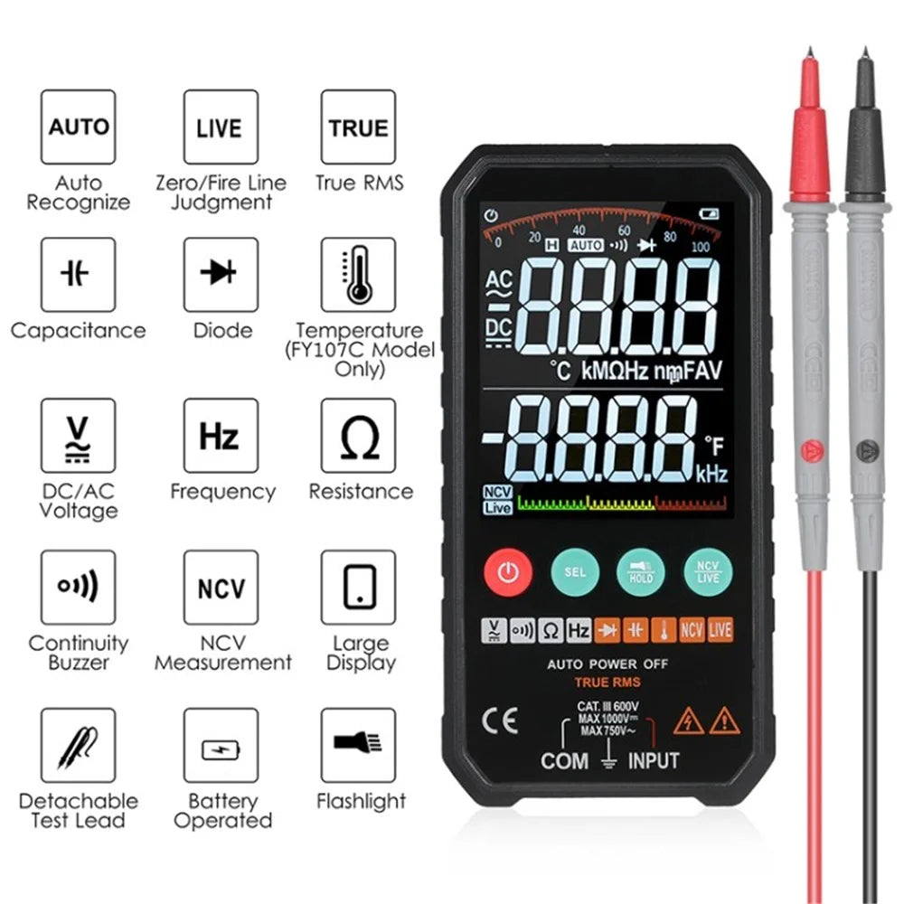 FY107 Digital Multimeter 6000 Counts RMS AC DC NCV Transistor Capacitor Voltage Meter - FY107B - 1