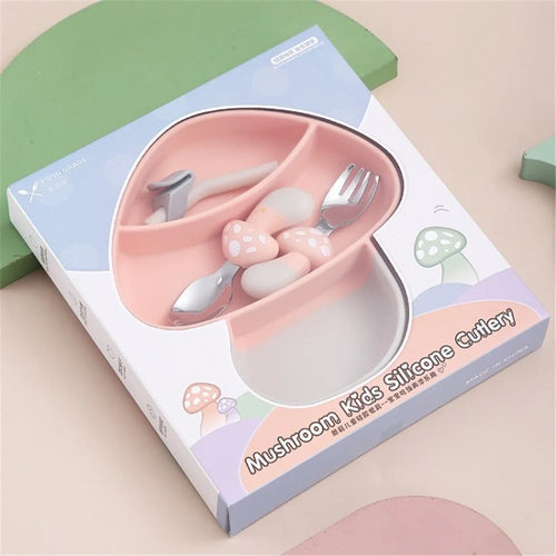 Cute Mushroom Baby Divided Plate Set Safe Silicone Suction Plate Self Feeding Eating Utensils Dishes (BPA-Free, NO FDA Certification) - Pink - 1