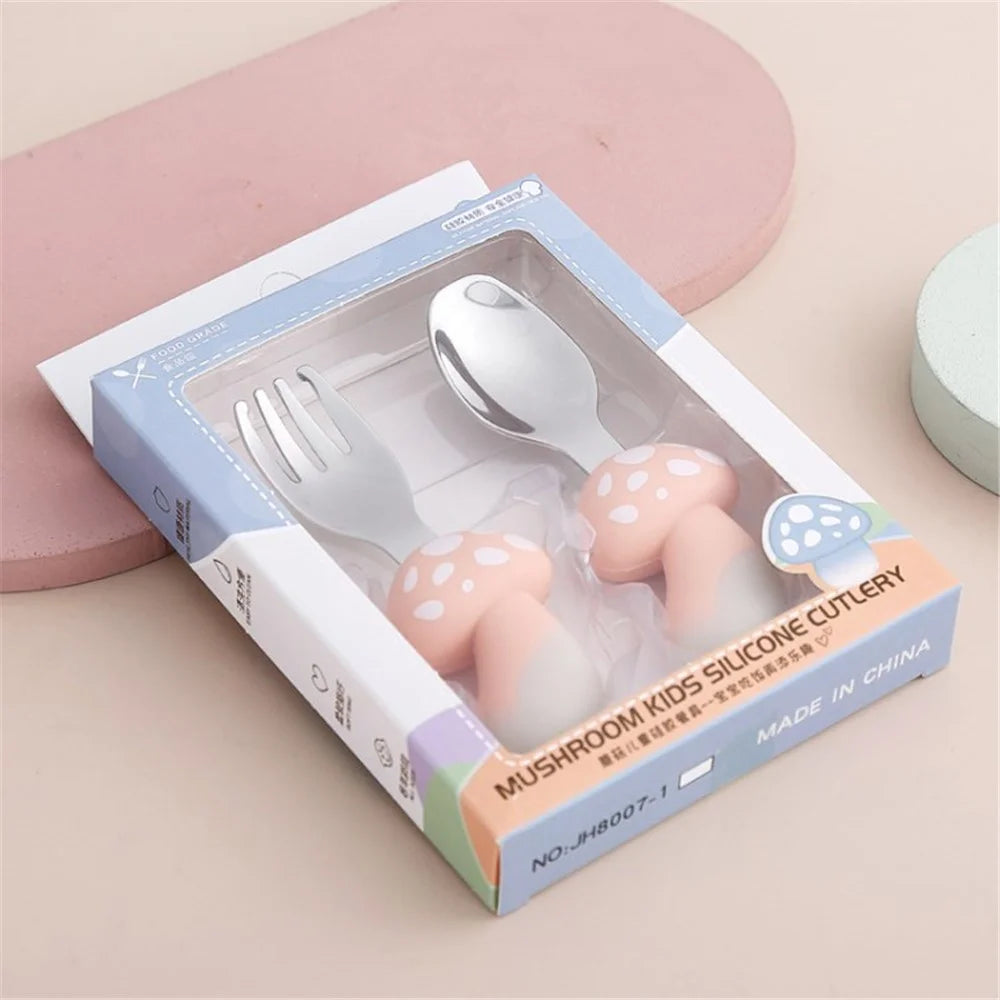 Toddler Self Feeding Cutlery Easy Grip Utensils Baby Spoon and Fork Set (BPA-Free, NO FDA Certification) - Mushroom / Pink - 1