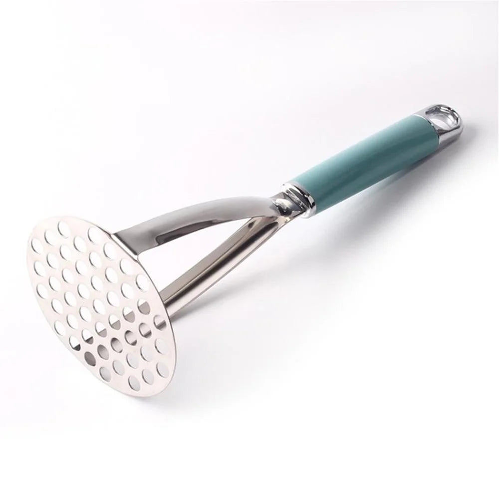 Manual Potato Masher Stainless Steel Vegetable Fruit Masher Presser (No FDA Certification, BPA Free) - Silver+Cyan Handle - 1