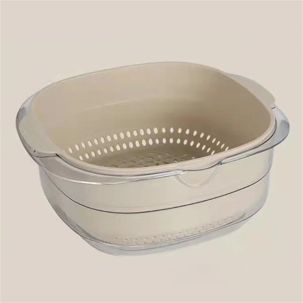 Kitchen Double Layer Kitchen Vegetable Fruit Colander Set Plastic Drain Basket with Bowl  (No FDA Certification, BPA Free) - White - 1