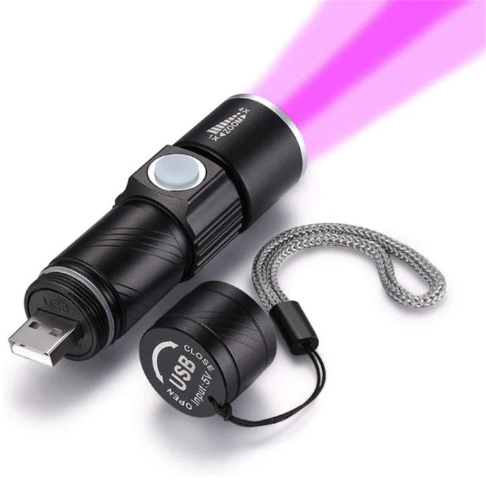 UV Flashlight USB Rechargeable 395nm Rechargeable LED Ultraviolet Light Detector - Black - 1