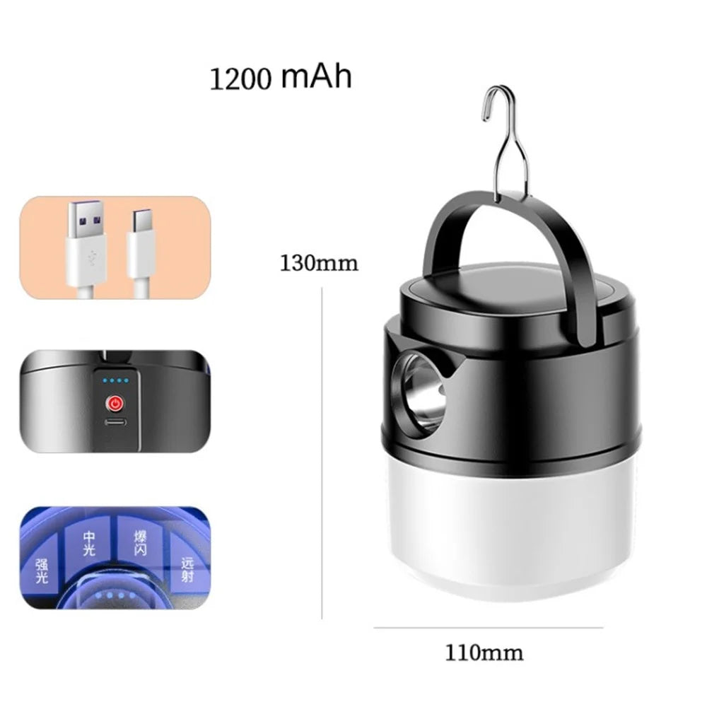 Outdoor Camping Lamp Emergency Tent Light Hiking Fishing Night Light - Black / 1200mAh - 1