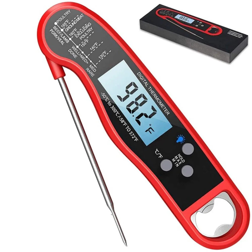 TP102 Folding Kitchen BBQ Food Thermometer Waterproof Temperature Meter with Bottle Opener Function (No FDA Certification, BPA Free) - Red - 1