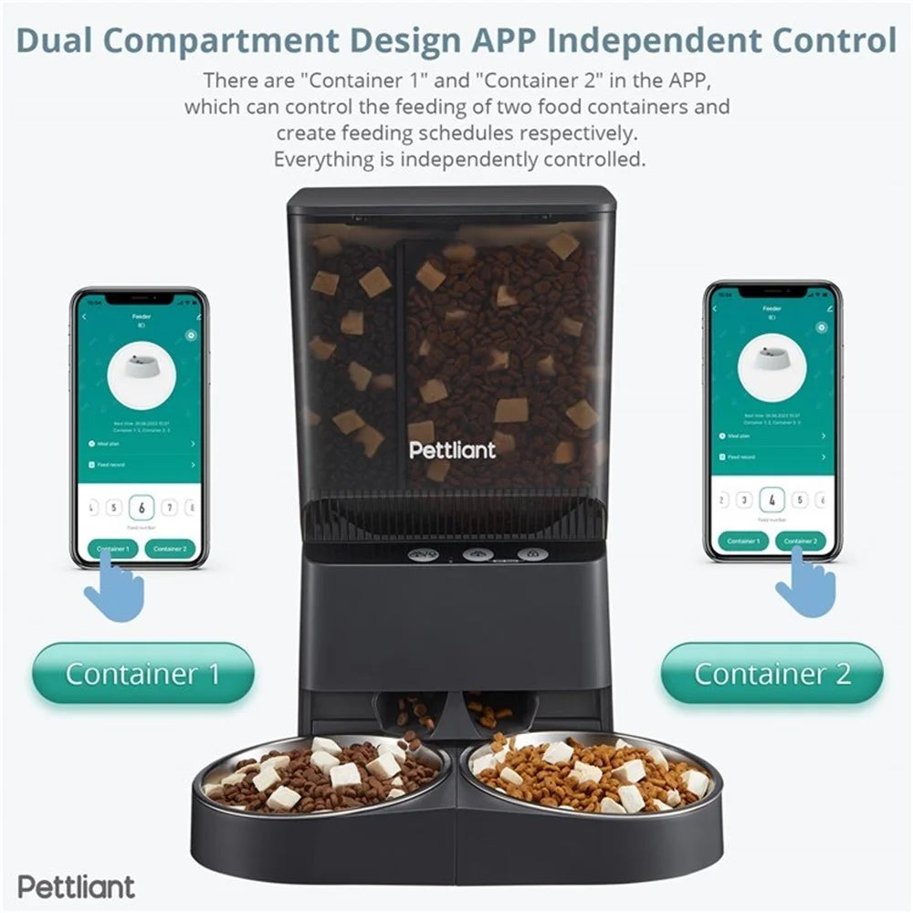 PETTLIANT Automatic Cat Feeder Dual-Bowl Food Dispenser Smart APP Control (No FDA, BPA-Free) - 3