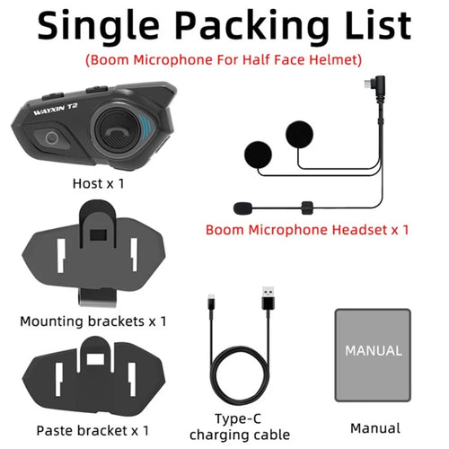 WAYXIN T2 Motorcycle Helmet Headset 2 Riders Bluetooth-Compatible Intercom - Boom Mic for Half Face Helmet - 1