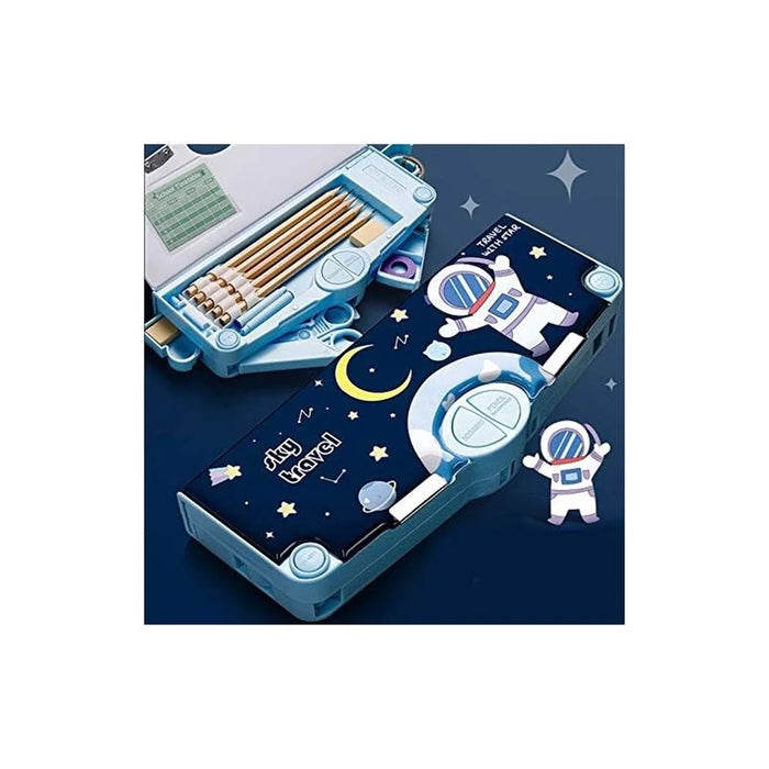 7701 Multifunctional Large Capacity Pencil Case Stationery Set with Auto Pop Up Buttons for Students - Blue Astronaut - 1