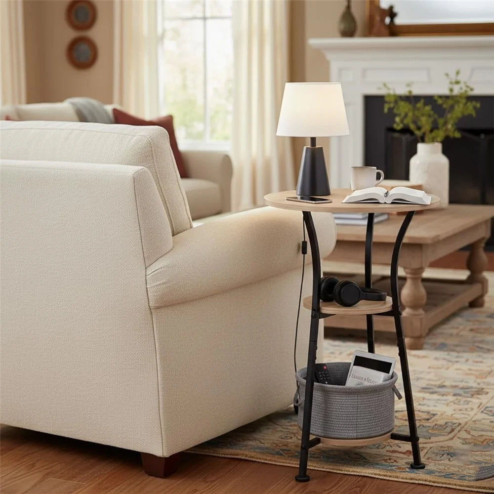 DULCII Round Beside Table 3 Tier Sofa Side End 3 Leg Desk for Living Room Bedroom, 38x56cm - Oak Color (MOQ: 200) - 3
