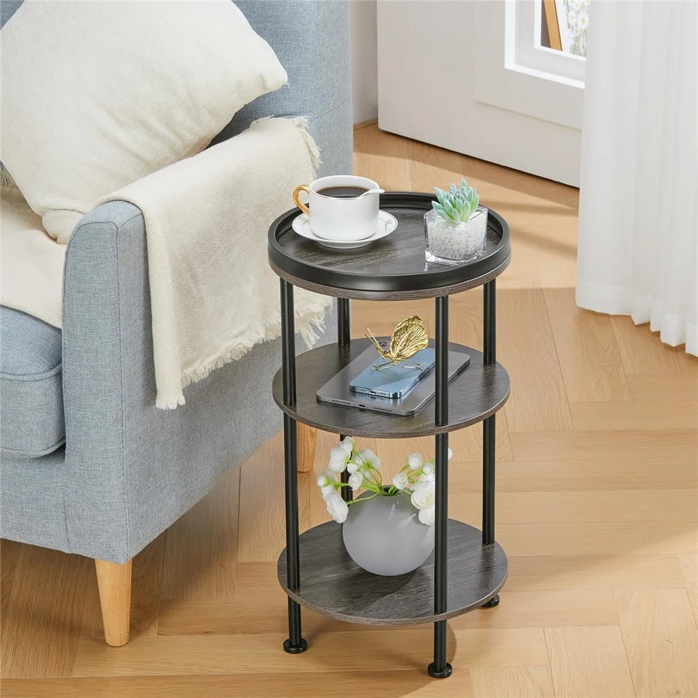 DULCII 8663-C 4-Leg Small Round Table Wooden Top Side End Table with Metal Frame, 300 x 300 x 550mm - Grey - 3