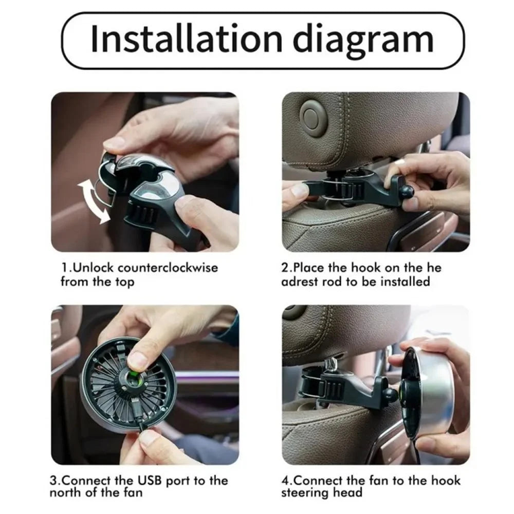 Car Backseat Electric Fan for Rear Seat Passenger with 3 Speed Modes + RGB Light for Vehicles SUV Truck - Black - 2