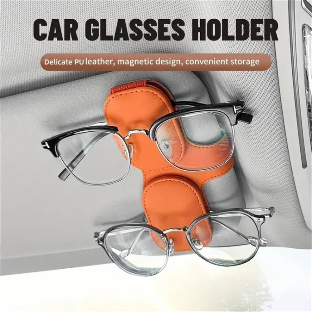 Car Sunglasses Holder Vehicle Visor Clip Magnetic PU Leather Sun Glasses Eyeglass Hanger - Black - 2