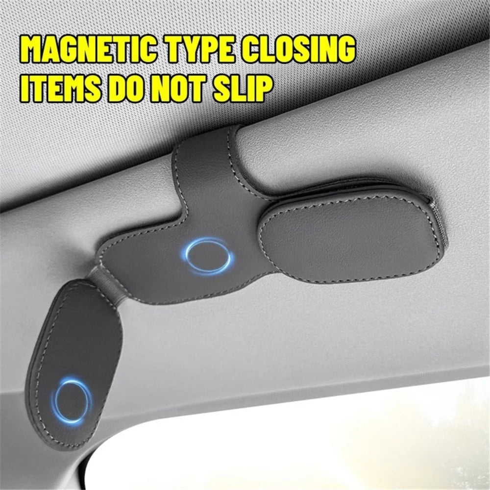 Car Sunglasses Holder Vehicle Visor Clip Magnetic PU Leather Sun Glasses Eyeglass Hanger - Black - 3