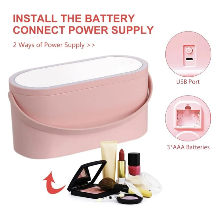 Travel Makeup Organizer Built-In Mirror Rechargeable Cosmetic Storage Box with LED Light - White - 2