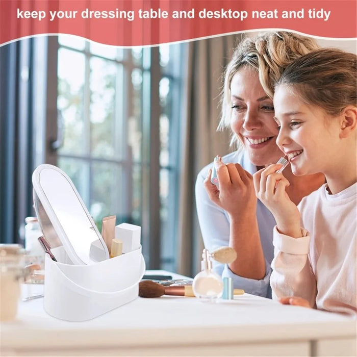 Travel Makeup Organizer Built-In Mirror Rechargeable Cosmetic Storage Box with LED Light - White - 4