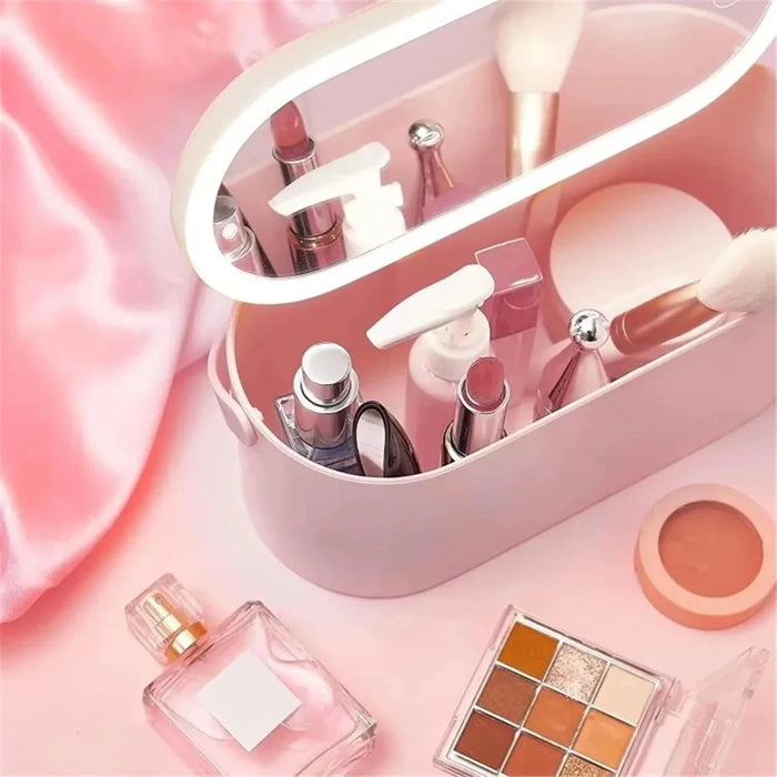 Travel Makeup Organizer Built-In Mirror Rechargeable Cosmetic Storage Box with LED Light - White - 7