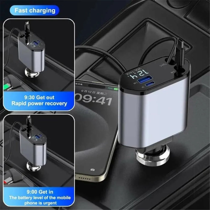 USB+Type-C Dual Port Fast Charging Cigarette Lighter Car Charger with Retractable Cable - Type-C+Type-C - 6