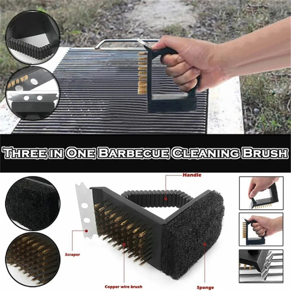 3-in-1 Barbecue Copper Wire Brush Stainless Steel Scraper BBQ Cleaning Tool - 2