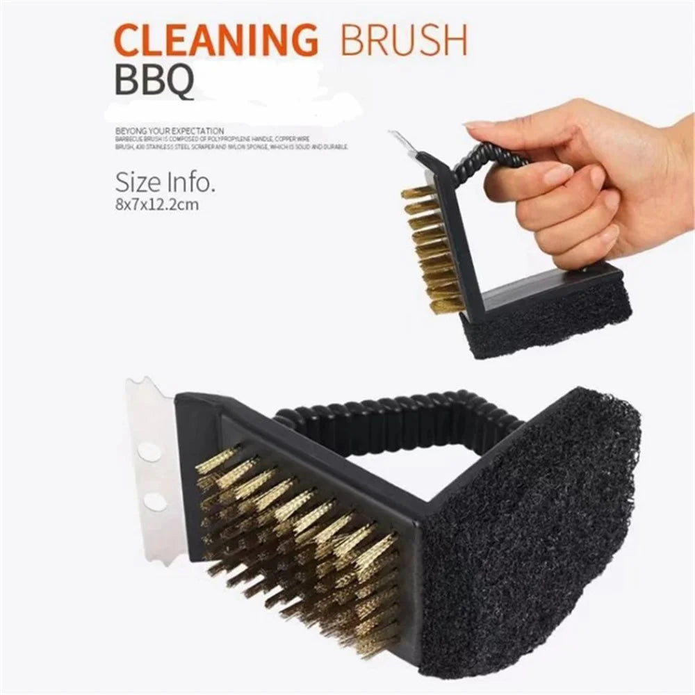 3-in-1 Barbecue Copper Wire Brush Stainless Steel Scraper BBQ Cleaning Tool - 3