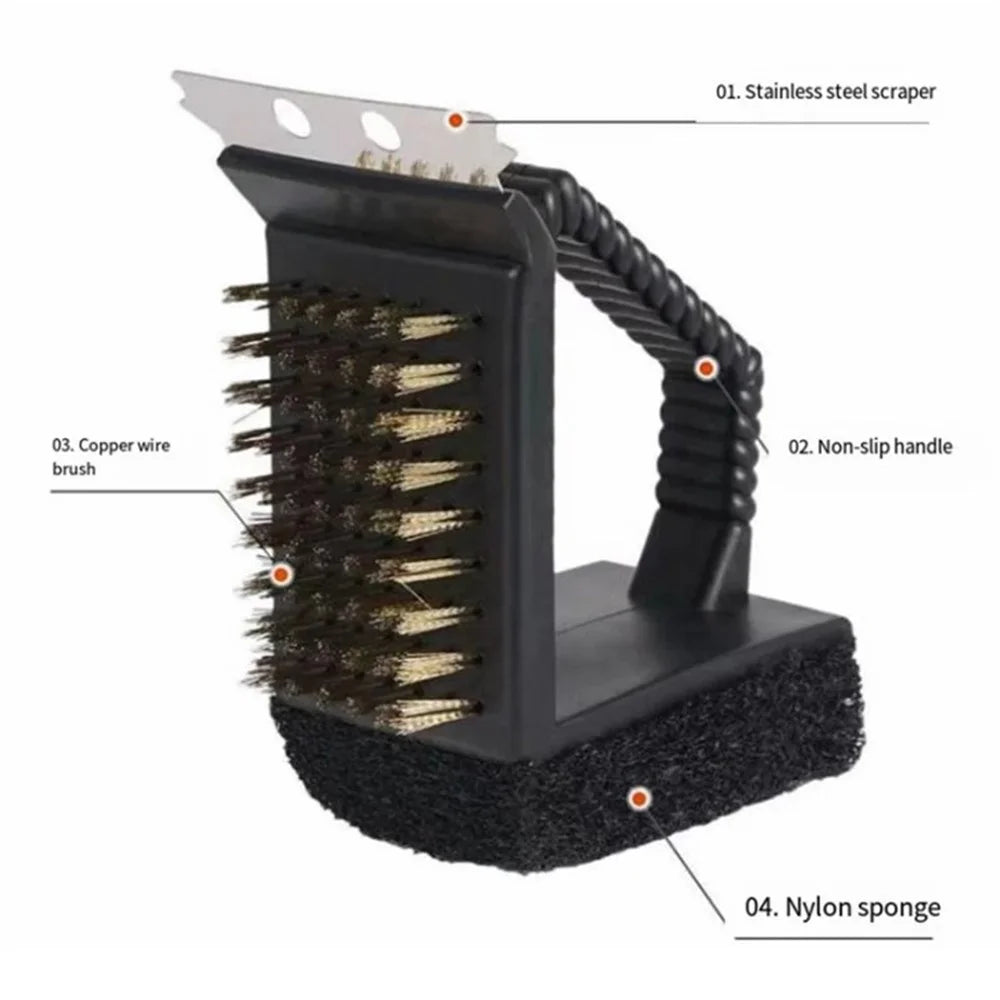 3-in-1 Barbecue Copper Wire Brush Stainless Steel Scraper BBQ Cleaning Tool - 6