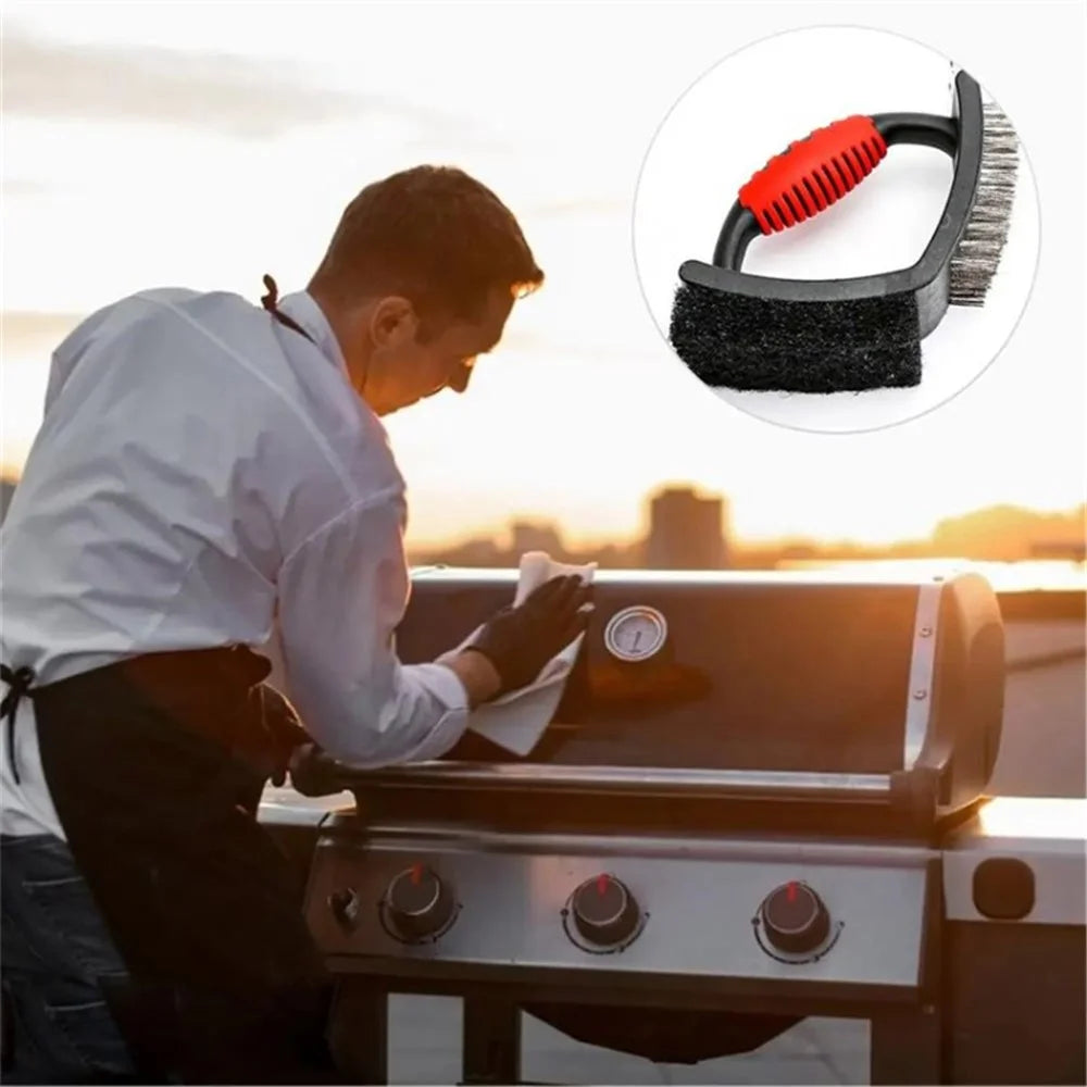 3-in-1 Barbecue Cleaning Brush Steel Wire / Copper Wire BBQ Brush Scouring Pad Scraper - Steel Wire Brush - 3