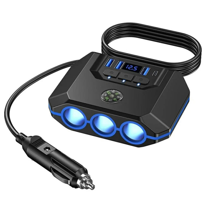 3 USB + 1 Type-C Car Charger 3 Cigarette Lighter Sockets Charging Adapter - Black - 1