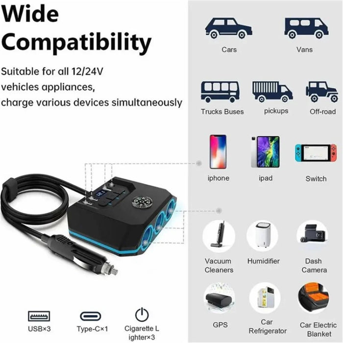 3 USB + 1 Type-C Car Charger 3 Cigarette Lighter Sockets Charging Adapter - Black - 4