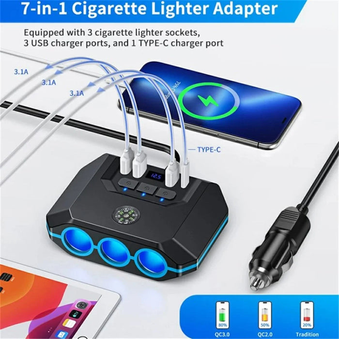 3 USB + 1 Type-C Car Charger 3 Cigarette Lighter Sockets Charging Adapter - Black - 5