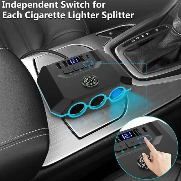 3 USB + 1 Type-C Car Charger 3 Cigarette Lighter Sockets Charging Adapter - Black - 6