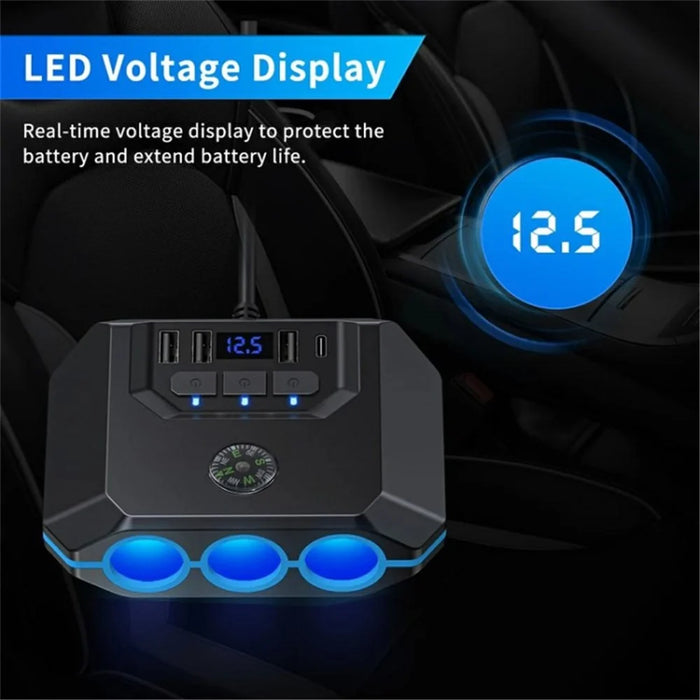 3 USB + 1 Type-C Car Charger 3 Cigarette Lighter Sockets Charging Adapter - Black - 7