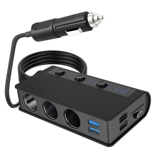 180W Car Charger 3 Cigarette Lighter Sockets 4 USB Ports QC3.0 Phone Fast Charging Adapter - Black - 1
