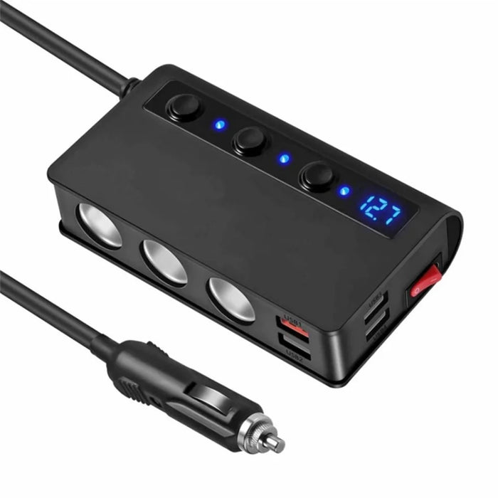 180W Car Charger 3 Cigarette Lighter Sockets 4 USB Ports QC3.0 Phone Fast Charging Adapter - Black - 2