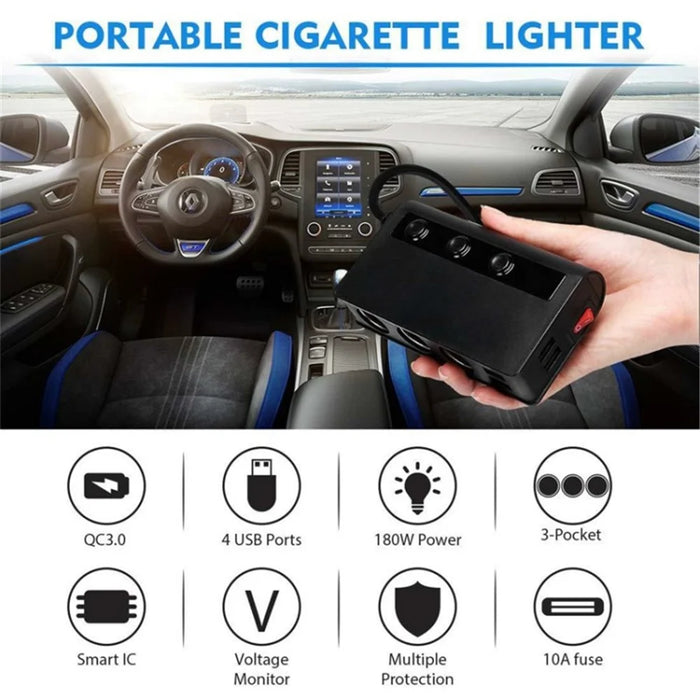 180W Car Charger 3 Cigarette Lighter Sockets 4 USB Ports QC3.0 Phone Fast Charging Adapter - Black - 6