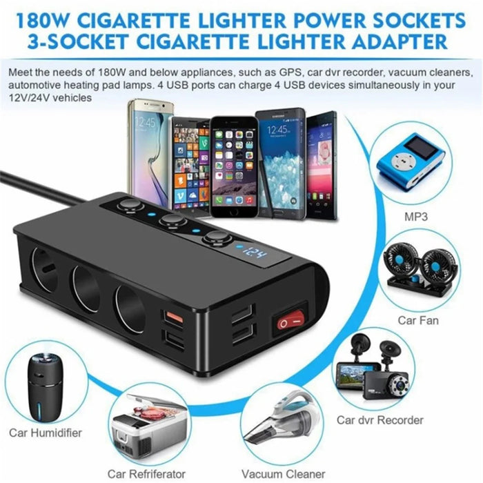 180W Car Charger 3 Cigarette Lighter Sockets 4 USB Ports QC3.0 Phone Fast Charging Adapter - Black - 7