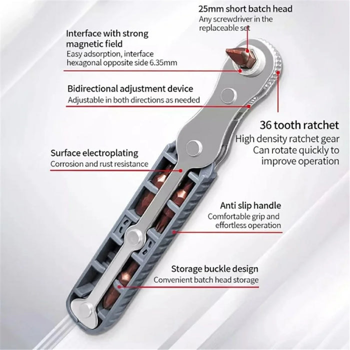 Chrome Vanadium Steel Magnetic Two-Way Ratchet Screwdriver Repair Tool with 4 Bits - Grey - 4