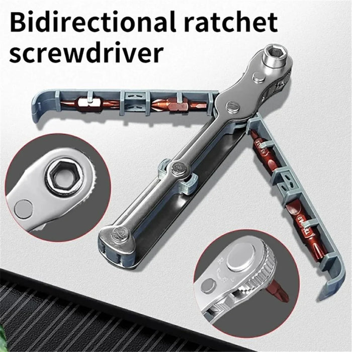 Chrome Vanadium Steel Magnetic Two-Way Ratchet Screwdriver Repair Tool with 4 Bits - Grey - 5