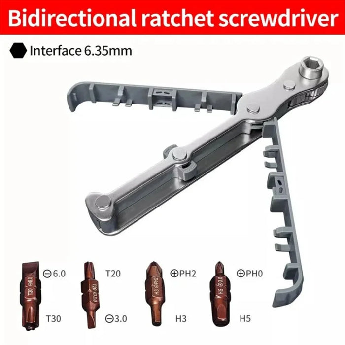 Chrome Vanadium Steel Magnetic Two-Way Ratchet Screwdriver Repair Tool with 4 Bits - Grey - 7
