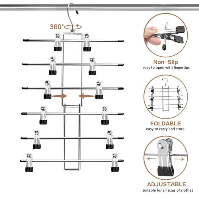 Foldable 6-Layer Wardrobe Storage Hanger 360-Degree Rotating Hook Clips Design Pants Skirt Clothes Hanger - Black - 7