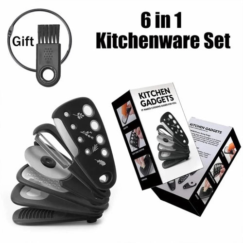 6-in-1 Roller Pizza Cutter Can Opener Garlic Masher Peeler Kitchen Gadget Set (BPA Free, No FDA) - 1