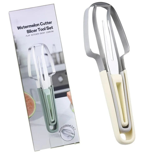 Stainless Steel 3-in-1 Watermelon Cutter Slicer Fork Tool Set Kitchen Gadget (BPA Free, No FDA) - Beige - 1