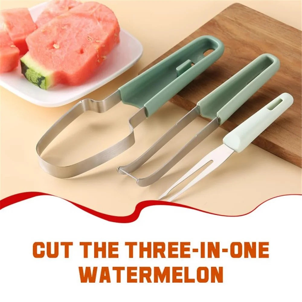 Stainless Steel 3-in-1 Watermelon Cutter Slicer Fork Tool Set Kitchen Gadget (BPA Free, No FDA) - Beige - 2